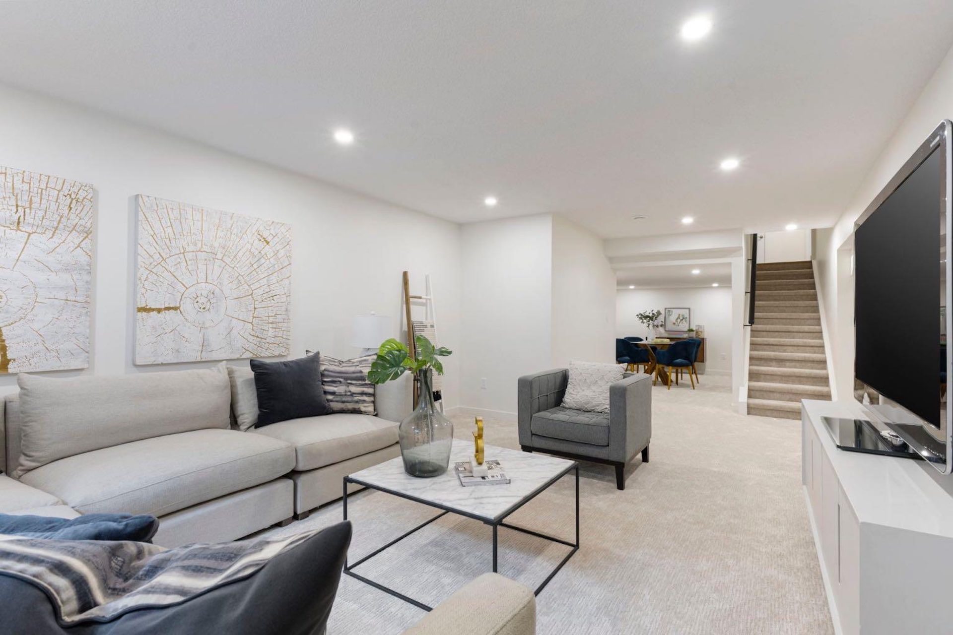 Bright finished Calgary basement family room with media space